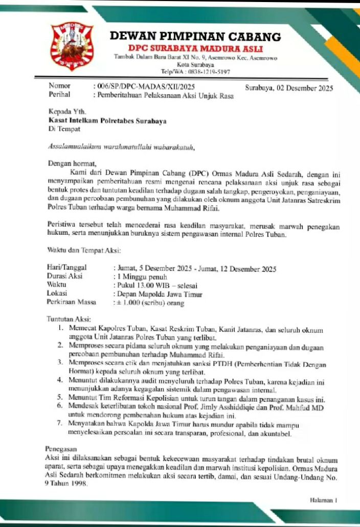 Ormas Madura Asli Sedarah Geruduk Mapolda Jatim: Tuntut Keadilan atas Dugaan Kekerasan Oknum Polisi Tuban