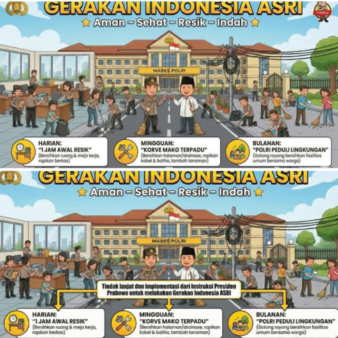 SESUAI ARAHAN PRESIDEN PRABOWO SUBIANTO, POLRI BERKOMITMEN PENUH MENJAGA KEBERHASILAN GERAKAN INDONESIA ASRI – PROGRAM SERTAI AKSI BERSIH-BERSIH BERKALA BERSAMA TNI DAN MASYARAKAT