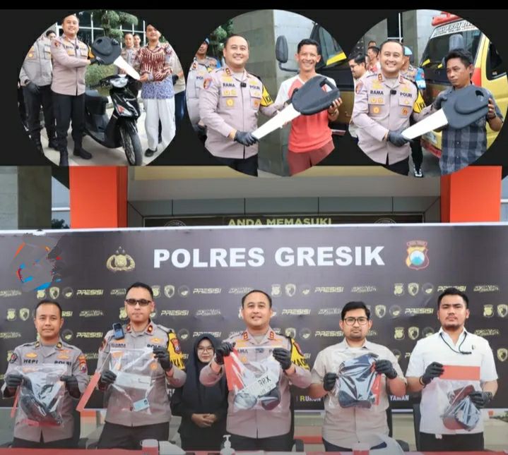 SETELAH SEMAT RAIB AKIBAT KEJAHATAN, DUA TRUK DAN SATU MOTOR KEMBALI KE TANGAN PEMILIK SAH – POLRES GRESIK SERAHKAN KENDARAAN HASIL PENGUNGKAPAN KASUS CURAT, PENIPUAN, DAN PENGGELAPAN