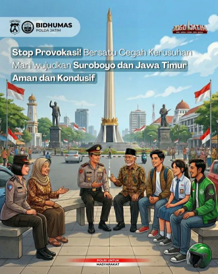 MARI BERSAMA-SAMA MENJAGA KEAMANAN DAN KETERLIBAN DI LINGKUNGAN KITA – JANGAN MUDAH TERPROVOKASI, BIJAK SEBAR INFORMASI, DAN BERSATU LINDUNGI SURABAYA DAN JAWA TIMUR