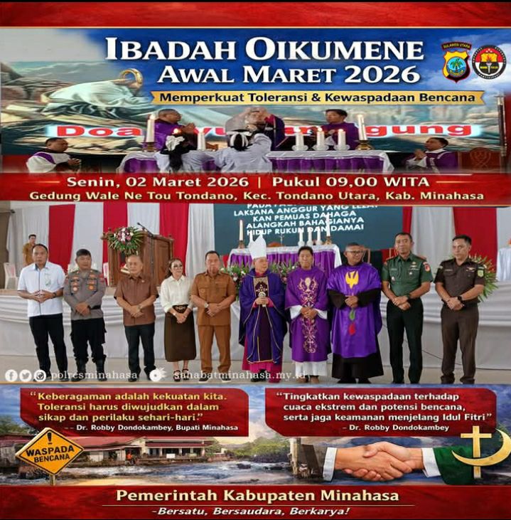 Ibadah Oikumene Awal Bulan Maret 2026 Kabupaten Minahasa Berlangsung Khidmat di Gedung Wale Ne Tou Tondano, Bupati Tekankan Keberagaman Sebagai Kekuatan Daerah