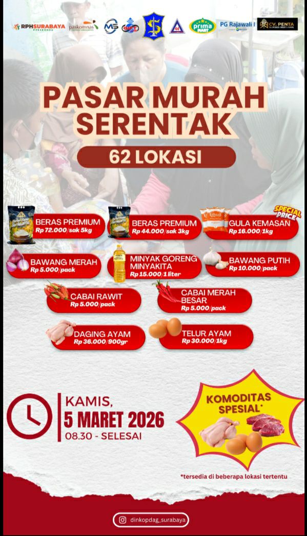 Pemerintah Kota Surabaya Gelar Pasar Murah Serentak di 62 Lokasi, Beragam Sembako Dibanderol Harga Terjangkau pada 5 Maret 2026