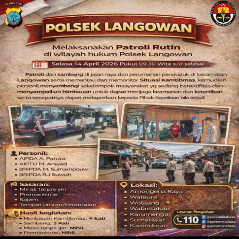 POLSEK LANGOWAN GELAR PATROLI RUTIN, PASTIKAN KONDISI KAMTIBMAS TETAP AMAN DAN KONDUSIF